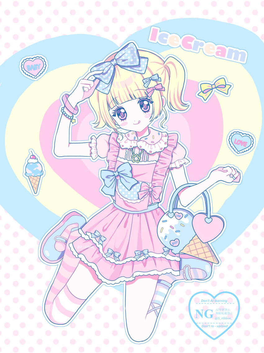 1girl, bag, blonde_hair, blue_bow, blue_shoes, bow, commentary_request, dress