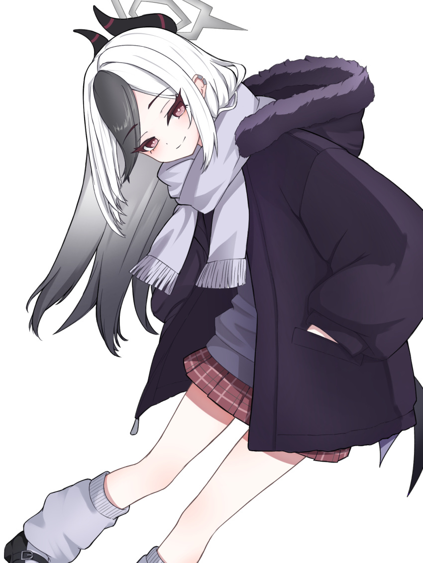 1girl, black_hair, black_horns, blue_archive, blue_coat, checkered_clothes, checkered_skirt, closed_mouth