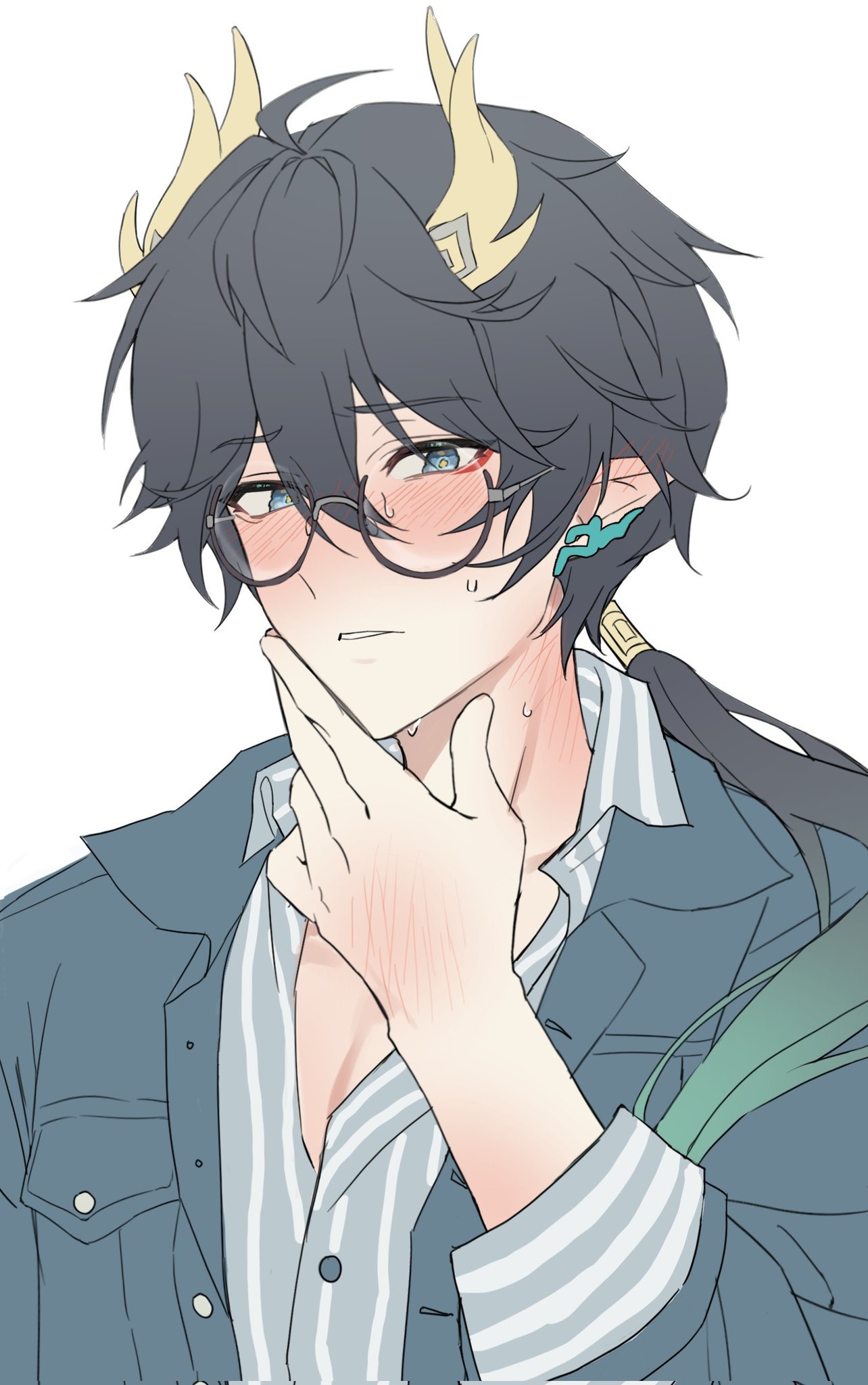1boy, arm_up, bespectacled, blue_jacket, blush, collared_shirt, commentary, dan_heng_(honkai:_star_rail)