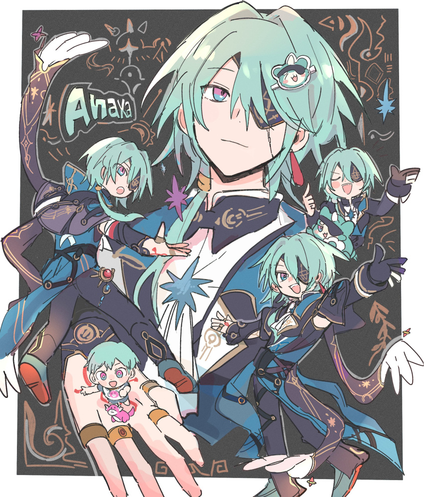 1boy, absurdres, aged_down, anaxa_(honkai:_star_rail), aqua_hair, black_jacket, black_pants, blue_eyes