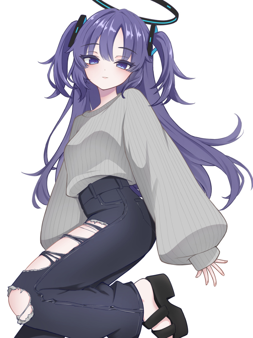 1girl, black_halo, blue_archive, check_commentary, commentary, commentary_request, denim, feet, hair_intakes, hair_ornament, halo, highres, hncstk, jeans, leg_up, long_hair, looking_at_viewer, mechanical_halo, oversized_clothes, pants, parted_lips, pink_pupils, platform_sandals, purple_hair, raised_eyebrows, sandals, sidelocks, simple_background, single_sleeve_past_wrist, solo, sweater, sweater_tucked_in, torn_clothes, torn_jeans, torn_pants, triangle_hair_ornament, two_side_up, violet_eyes, white_background, yuuka_(blue_archive)
