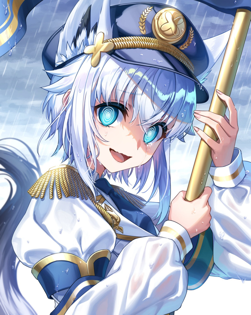 1girl, @_@, ahoge, alternate_hair_length, alternate_hairstyle, animal_ear_fluff, animal_ear_piercing, animal_ears