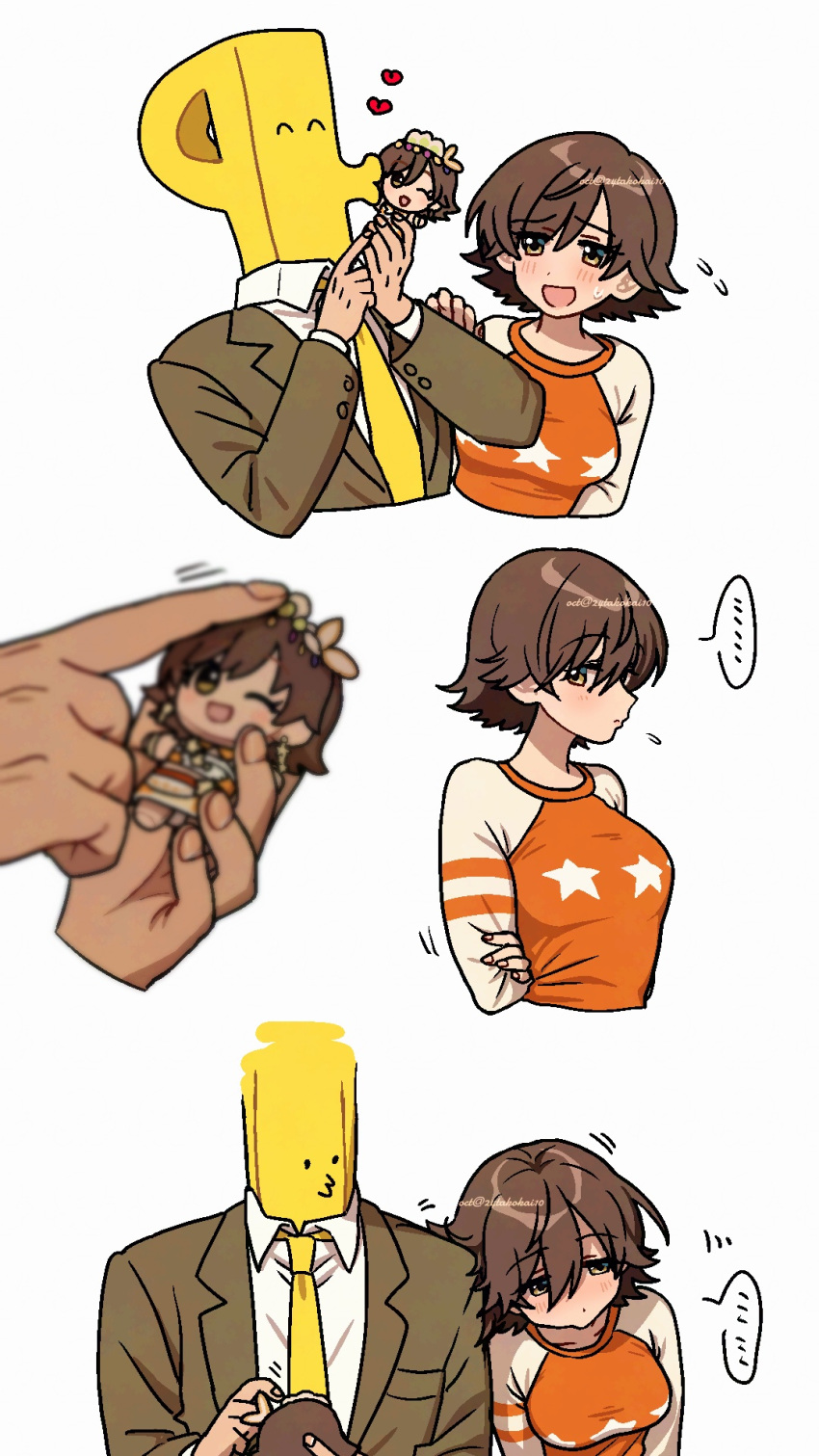1boy, 1girl, 24takokai10, breasts, brown_hair, character_doll, chibi, chibigurumi
