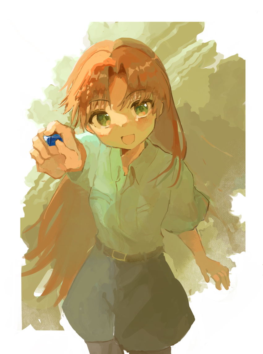 1girl, :d, absurdres, border, collared_shirt, commentary, cowboy_shot, crystal