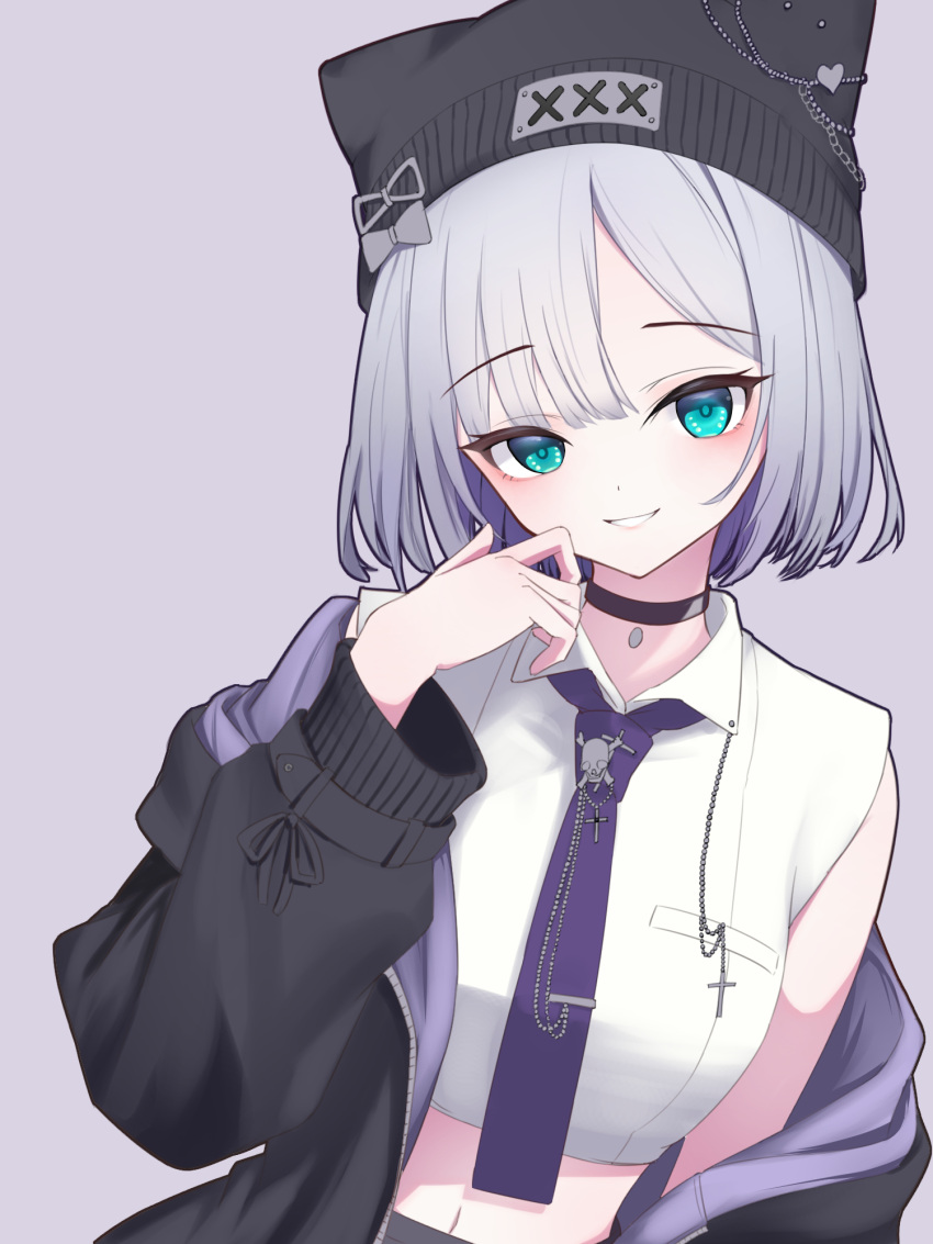1girl, animal_hat, aqua_eyes, aqua_pupils, beanie, black_choker, black_jacket, black_skirt