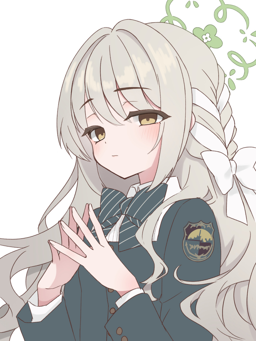 1girl, blazer, blonde_hair, blue_archive, blush, bow, bowtie, braid