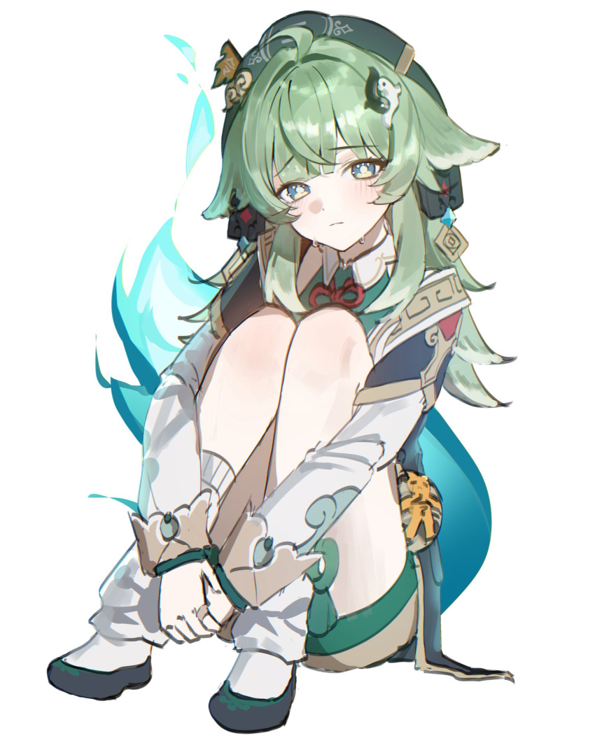 1girl, ahoge, animal_ears, dodosaae, fiery_tail, fire, fox_ears, green_eyes