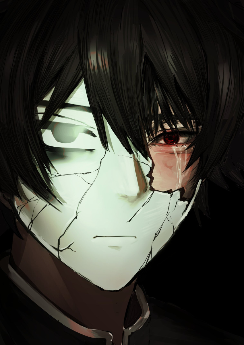 1boy, black_background, black_hair, broken_mask, closed_mouth, commentary_request, cracked_kawaii_mask, cracked_mask