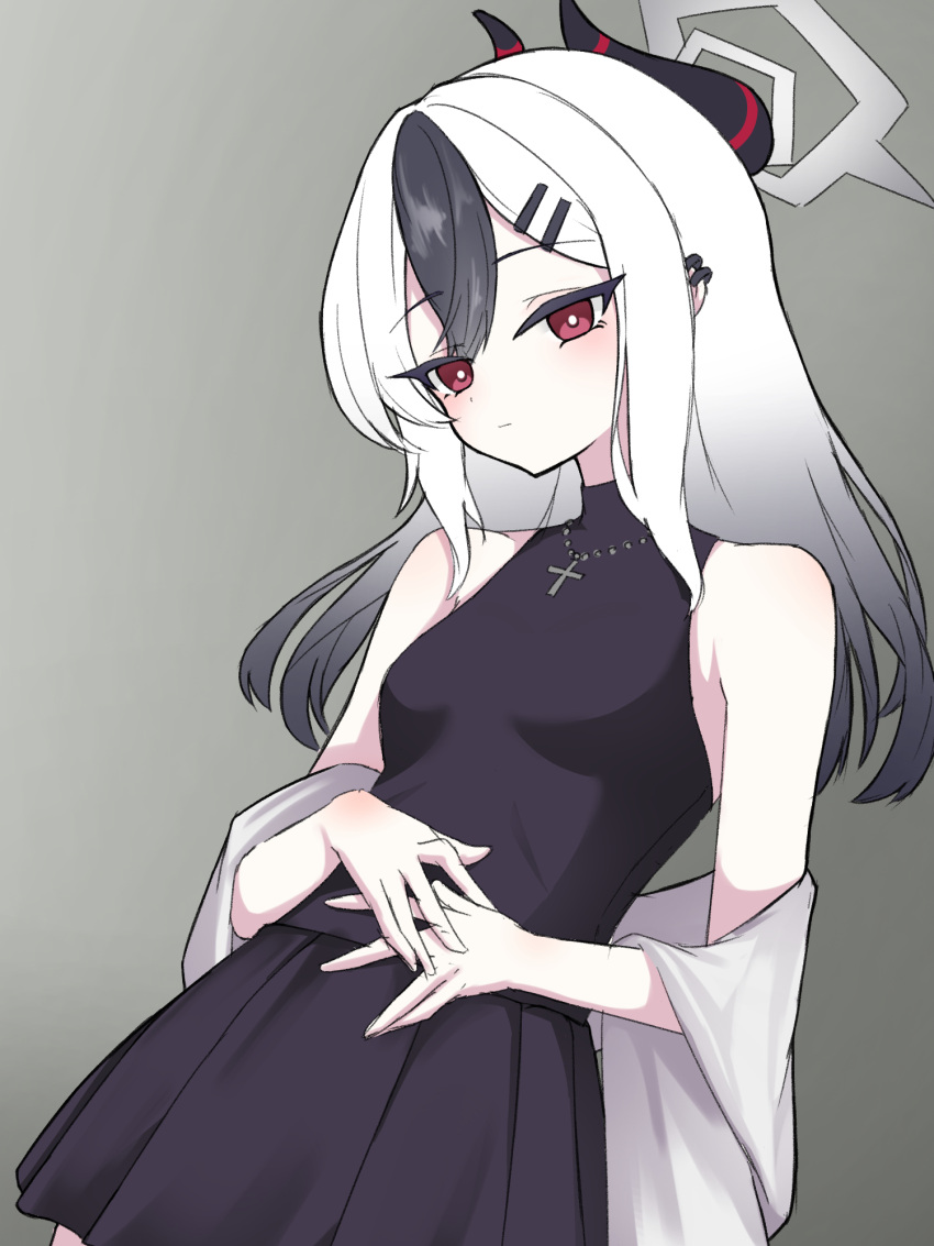 1girl, alternate_costume, bare_shoulders, black_hair, black_horns, black_shirt, black_skirt, blue_archive