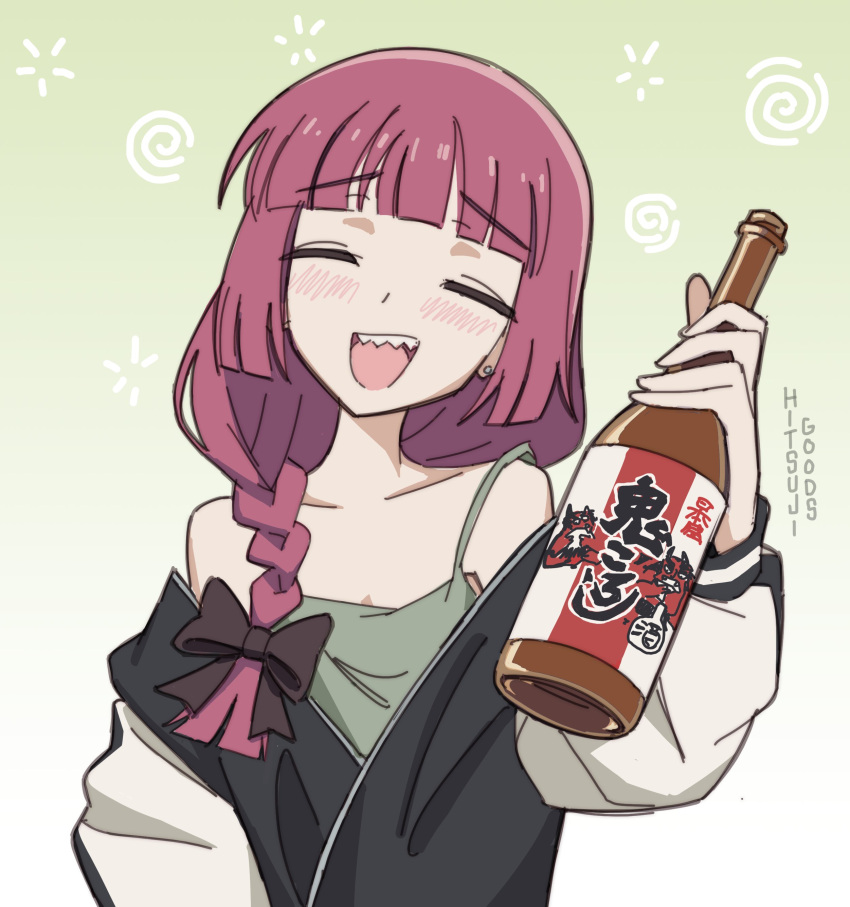 1girl, absurdres, black_jacket, blunt_bangs, bocchi_the_rock!, bottle, bow, braid, closed_eyes, commentary, cup, dress, earrings, green_dress, hair_bow, hair_over_shoulder, highres, hiroi_kikuri, hitsuji_(hitsujigoods), holding, holding_bottle, jacket, jewelry, off_shoulder, open_mouth, purple_hair, sakazuki, sharp_teeth, signature, single_braid, smile, solo, strap_slip, stud_earrings, teeth