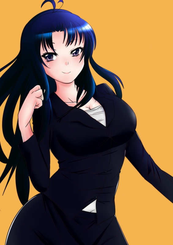 1girl, ahoge, blue_hair, breasts, business_suit, cleavage, denpa_onna_to_seishun_otoko, female
