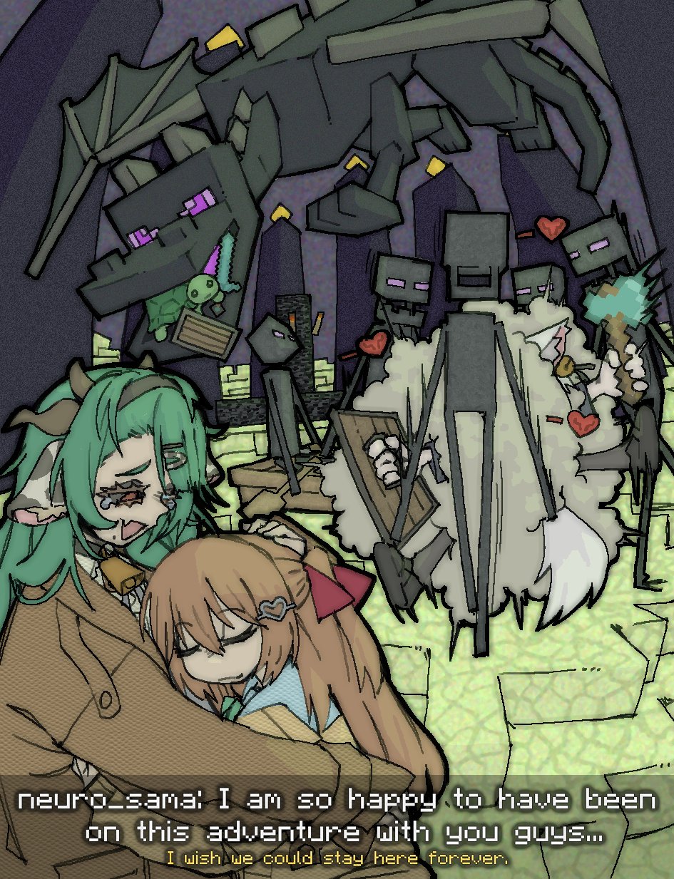 3girls, animal_ears, axe, bell, blue_sailor_collar, brown_hair, brown_jacket, cardigan, closed_mouth, cow_ears, cow_girl, cow_horns, crelly_(vtuber), ender_dragon, enderman, english_text, fang, fighting, filian_(vtuber), green_hair, hair_between_eyes, hair_ribbon, hashtag-only_commentary, highres, holding, holding_axe, holding_shield, holding_sword, holding_weapon, horns, indie_virtual_youtuber, jacket, long_hair, long_sleeves, minecraft, multiple_girls, neck_bell, open_mouth, pantsu-ripper, red_eyes, red_ribbon, ribbon, sailor_collar, shield, skin_fang, sword, teardrop, turtle, two_side_up, vedal987, vedal_ai, virtual_youtuber, weapon, yellow_cardigan