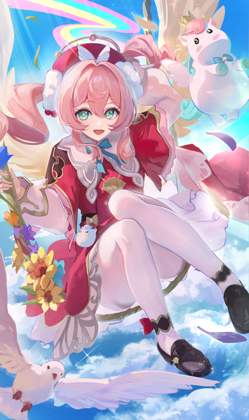 1girl, absurdres, aqua_bow, aqua_bowtie, aqua_eyes, arm_behind_head, bird, black_shoes