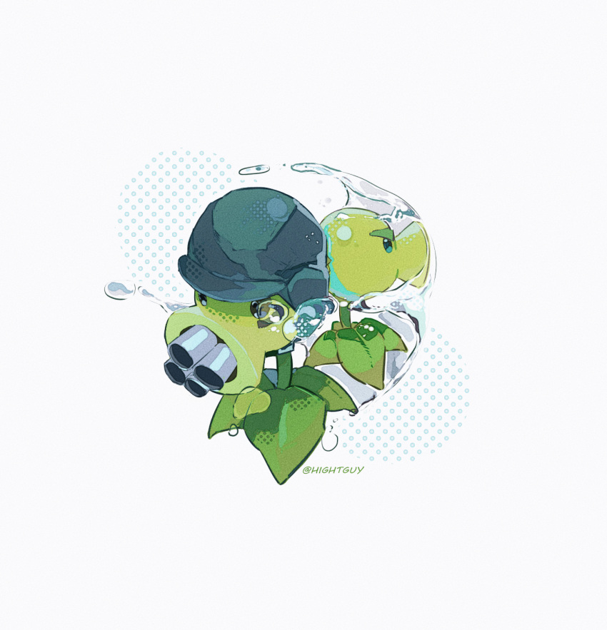 artist_name, back-to-back, black_eyes, commentary, gatling_pea_(plants_vs._zombies), green_hat, grey_background, halftone