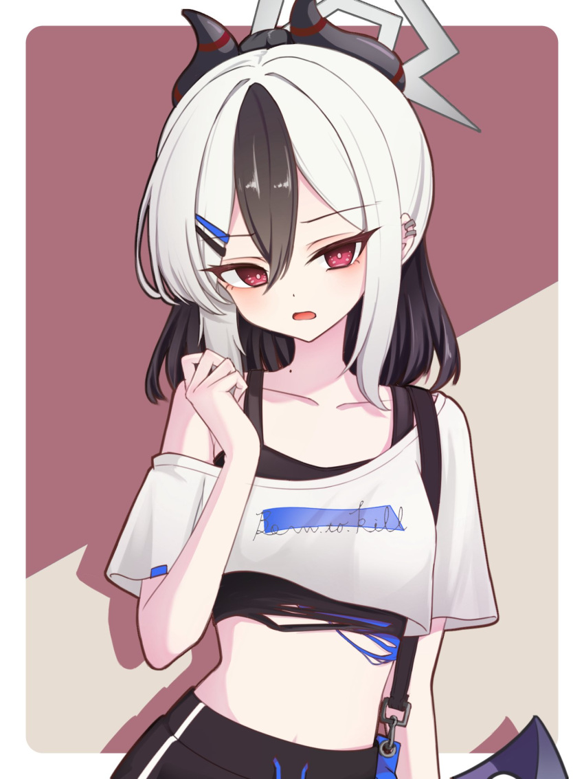 1girl, alternate_costume, annoyed, bag, black_hair, black_horns, black_straps, blue_archive, bright_pupils, collarbone, crop_top, demon_horns, demon_wings, ear_piercing, earclip, grey_halo, hair_between_eyes, hair_intakes, hair_ornament, hairclip, halo, highres, hncstk, horns, kayoko_(blue_archive), long_eyelashes, looking_at_viewer, military_vehicle, mole, mole_on_collarbone, motor_vehicle, multicolored_hair, navel, open_mouth, pants, parallel_hairclips, piercing, ponytail, problem_solver_68_(blue_archive), red_eyes, shoulder_bag, sidelocks, single_off_shoulder, single_wing, solo, tank, track_pants, two-tone_hair, white_hair, white_pupils, wings