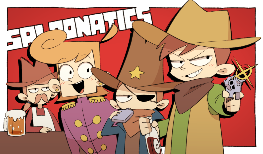 4boys, alcohol, beer, beer_mug, blue_jacket, border, bottle, brown_hair, brown_neckerchief, coat, commentary_request, cowboy_hat, cowboy_western, cup, drinking, edd_(eddsworld), eddsworld, edward_gold_(eddsworld), epaulettes, episode_title, eyepatch, facial_hair, flask, green_shirt, grin, gun, hat, hip_flask, holding, holding_bottle, holding_flask, holding_gun, holding_weapon, jacket, low_ponytail, male_focus, matt_(eddsworld), mjsc_10, mug, multiple_boys, mustache, neckerchief, official_style, open_clothes, open_jacket, open_mouth, open_vest, orange_hair, ponytail, prince_matthew_(eddsworld), purple_coat, red_background, sheriff_(western), shirt, short_hair, short_ponytail, simple_background, smile, thompson_(eddsworld), todd_(eddsworld), tom_(eddsworld), toon_(style), tord_(eddsworld), upper_body, vest, weapon, white_border