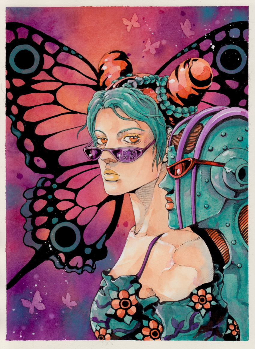 1girl, 1other, alternate_costume, aqua_hair, aqua_skin, bare_shoulders, braid, bug