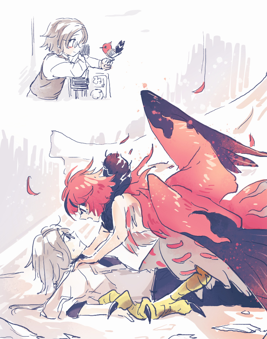 2boys, absurdres, age_progression, aotsuki_eito, black_pants, black_streaks, chinese_commentary, commentary_request, feathered_wings, fletchling, glasses, grey_hair, grey_vest, harpy_boy, highres, holding, holding_pokemon, looking_at_another, lying, male_focus, monster_boy, monsterification, multicolored_hair, multiple_boys, on_back, pants, pinned, pokemon, pokemon_(creature), red_hair, shirt, short_hair, simpface, streaked_hair, sumino_takumi, sweatdrop, talonflame, talons, the_hundred_line_-last_defense_academy-, two-tone_hair, vest, white_shirt, wings