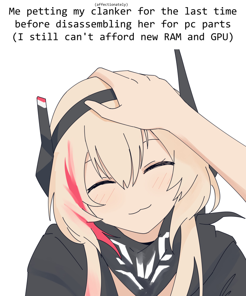 1girl, absurdres, black_hairband, black_jacket, blonde_hair, caption, clanker_(meme), closed_eyes, commentary, english_text, facing_viewer, girls_frontline, hairband, headpat, highres, jacket, long_hair, m4_sopmod_ii_(girls'_frontline), me_petting_my_cat_(meme), meme, multicolored_hair, myticalcat, out_of_frame, pov, red_hair, simple_background, solo_focus, streaked_hair, symbol-only_commentary, two-tone_hair, upper_body, white_background