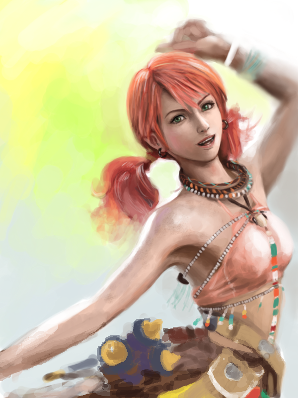 bare_shoulders, character_request, derivative_work, earrings, final_fantasy, final_fantasy_xiii, green_eyes, jewelry