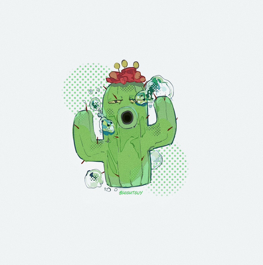 artist_name, black_eyes, bubble, cactus, cactus_(plants_vs._zombies), colored_sclera, commentary, flower, halftone, halftone_background, highres, hightguy, looking_at_viewer, no_humans, plant, plants_vs._zombies, red_flower, simple_background, solo, spikes, straight-on, symbol-only_commentary, water_drop, white_background, yellow_sclera