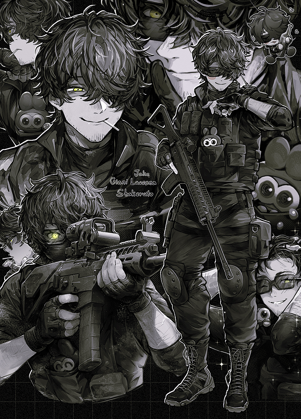 1boy, assault_rifle, black_boots, black_gloves, black_pants, boots, bulletproof_vest, chibi, chibi_inset, facial_hair, finger_on_trigger, fingerless_gloves, gloves, gun, hair_over_one_eye, highres, holding, holding_gun, holding_weapon, holster, honi_(ohohoni), knee_pads, lace-up_boots, load_bearing_vest, male_focus, mole, mole_under_eye, monochrome, one_eye_covered, original, pants, pouch, rifle, scar, short_hair, smile, stuffed_animal, stuffed_toy, sunglasses, thigh_holster, thigh_pouch, trigger_discipline, weapon, yellow_eyes