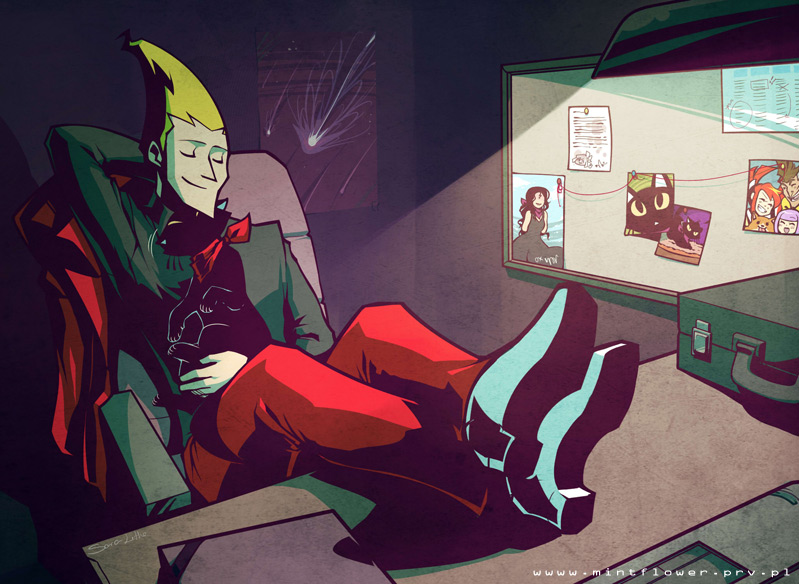 arm_behind_head, bad_id, bandana, belt, blonde_hair, briefcase, capcom, carrying