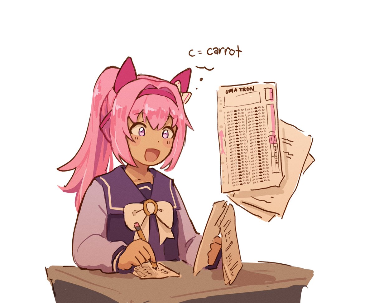 1girl, academic_test, animal_ears, blush, bow, bowtie, buruma, desk