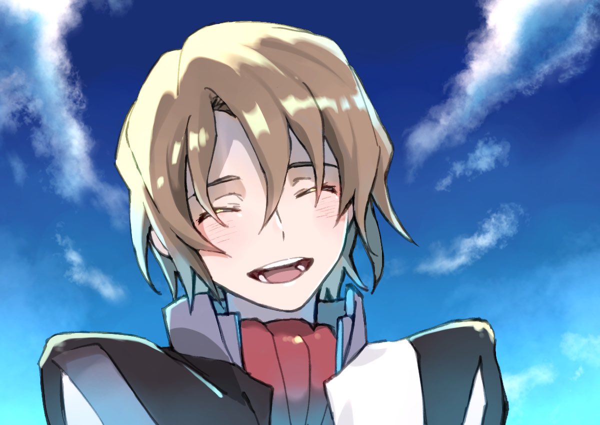 1boy, alvis_uniform, ascot, blue_sky, brown_hair, closed_eyes, clouds, commentary