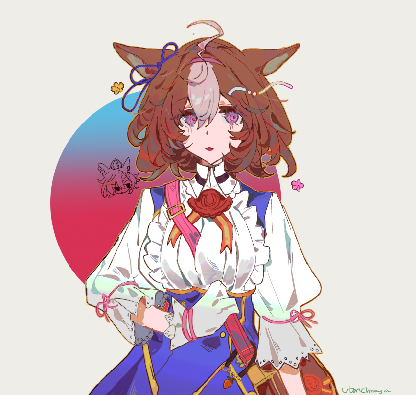 2girls, absurdres, animal_ears, between_breasts, blue_skirt, breasts, brown_bag, brown_hair