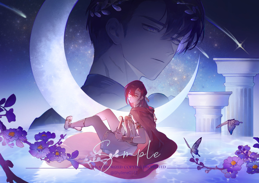 2boys, absurdres, ancient_greek_clothes, armlet, black_hair, bracer, bug, butterfly, cale_henituse, cape, circlet, closed_mouth, column, crescent_moon, flower, flute, full_body, gladiator_sandals, greco-roman_clothes, hair_between_eyes, harp, highres, holding, holding_instrument, instrument, jewelry, kim_rok_soo, laurel_crown, looking_at_viewer, lout_of_count's_family, male_focus, moon, multiple_boys, night, night_sky, pillar, purple_flower, red_cape, red_hair, sample_watermark, sandals, scar, shooting_star, short_hair, shyllene0112, sitting, sky, smile, star_(sky), starry_sky, toga, water, watermark, weibo_username, weibo_watermark