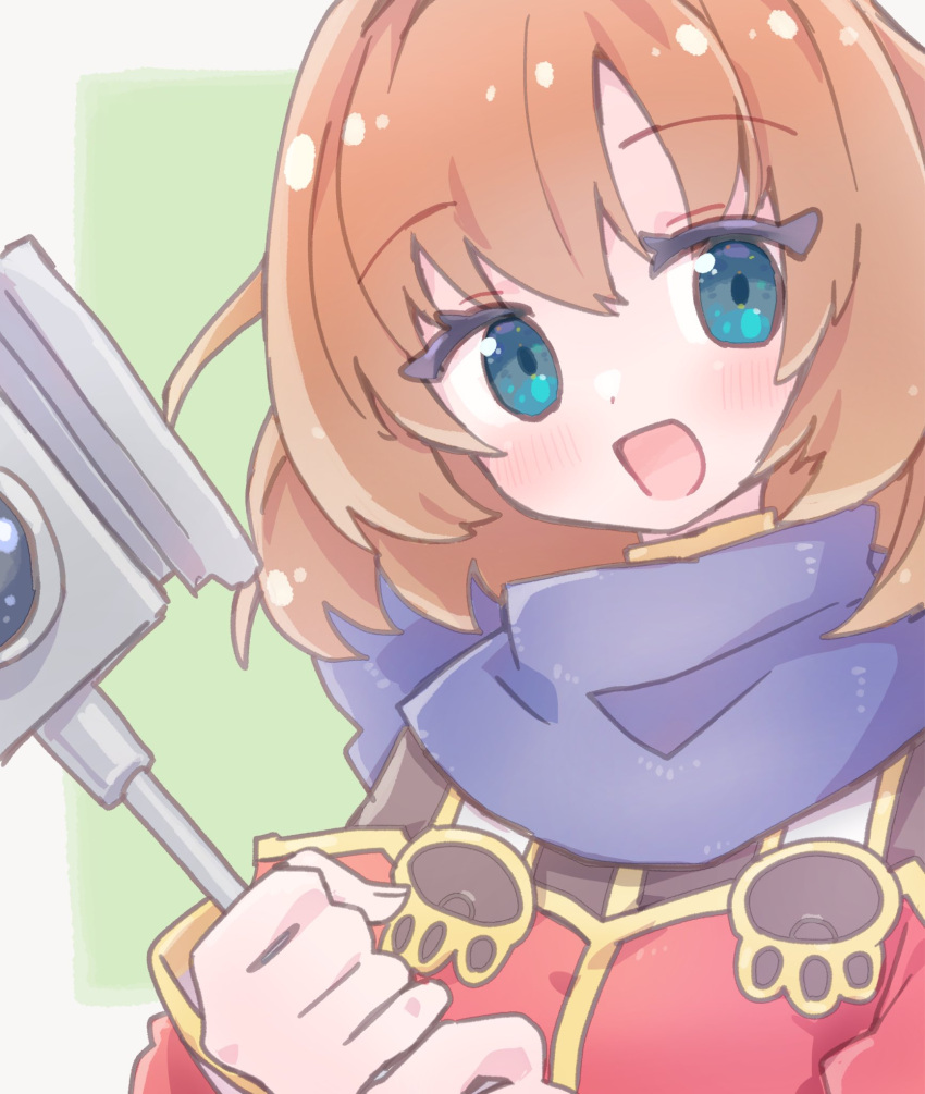 1girl, aruthi_(eco), blue_capelet, brown_hair, capelet, dress, emil_chronicle_online, green_eyes, hammer, highres, holding, holding_hammer, looking_at_viewer, open_mouth, red_dress, smile, solo, upper_body, yusa_yuyu