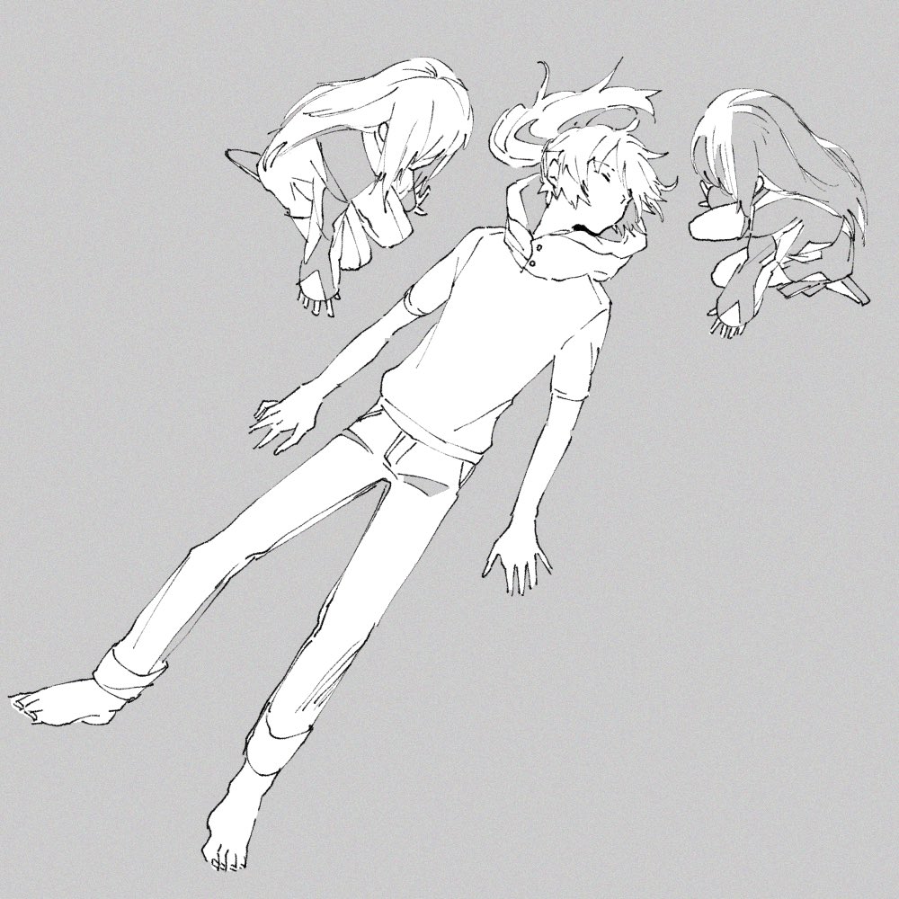 1girl, 2boys, alvis_uniform, barefoot, grey_background, greyscale, hooded_shirt, long_hair