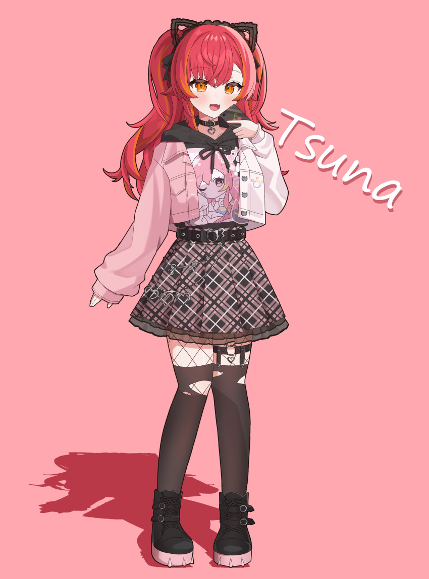 1girl, absurdres, animal_ears, argyle_clothes, argyle_skirt, arm_up, belt, belt_boots
