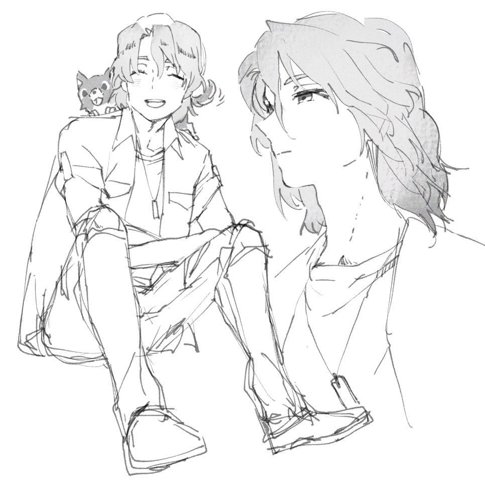 1boy, animal_on_shoulder, chocolat_(fafner), collared_shirt, dog, greyscale, jewelry, kasugai_koyo