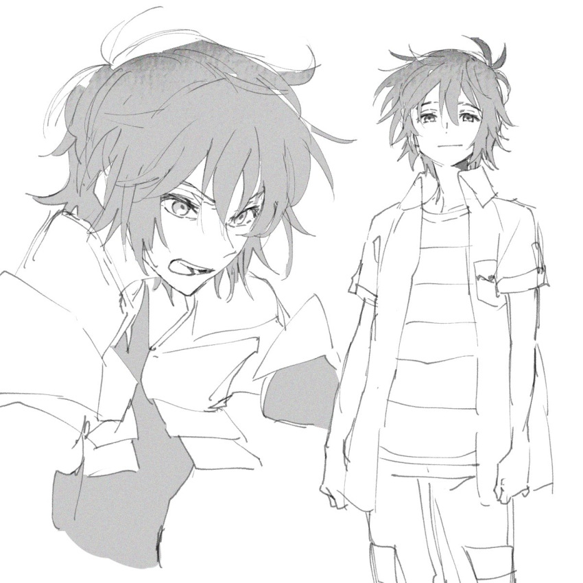 1boy, collared_shirt, greyscale, highres, looking_at_viewer, male_focus, masaoka_ryou, michi_naka