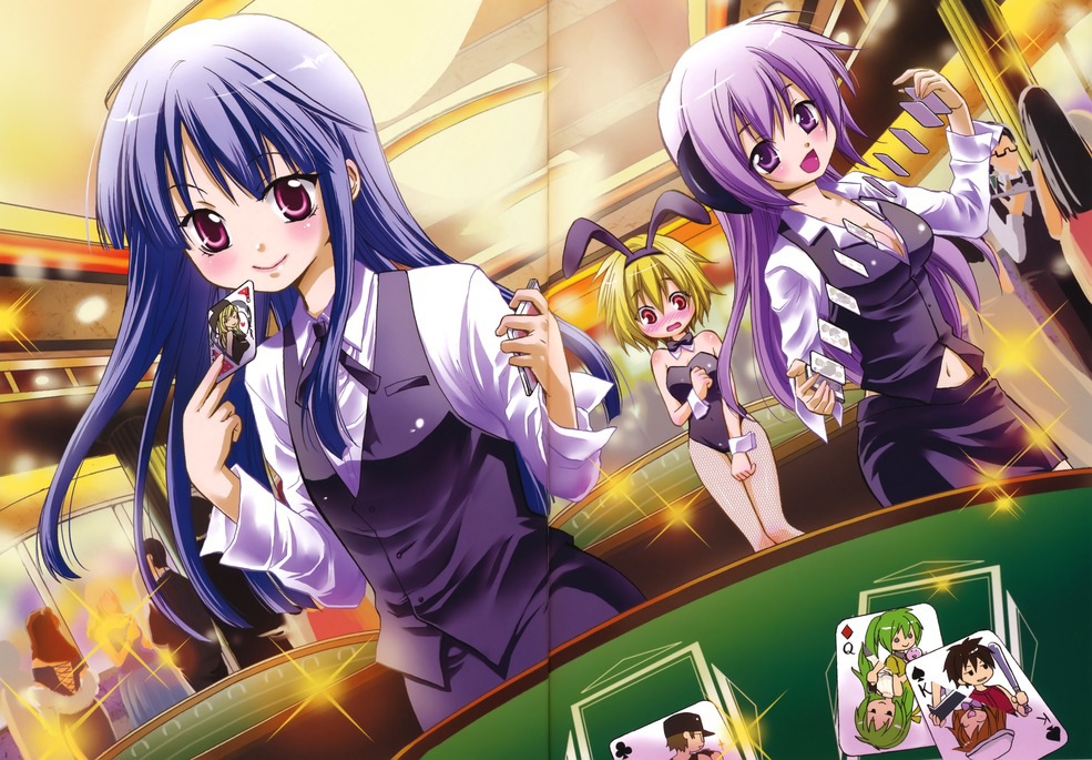 baseball_bat, billhook, blonde_hair, blue_hair, blush, bowtie, breasts, bunnysuit, card, cards, casino, cleavage, croupier, dealer, dutch_angle, falling_card, fishnet_pantyhose, fishnets, formal, furude_rika, hanyuu, hat, higurashi_no_naku_koro_ni, holding, holding_card, houjou_satoko, long_hair, maebara_keiichi, multiple_girls, oriental_hatchet, pant_suit, pantyhose, playing_card, purple_eyes, purple_hair, red_eyes, ryuuguu_rena, scan, short_hair, sonozaki_mion, sonozaki_shion, sparkle, suit, vest