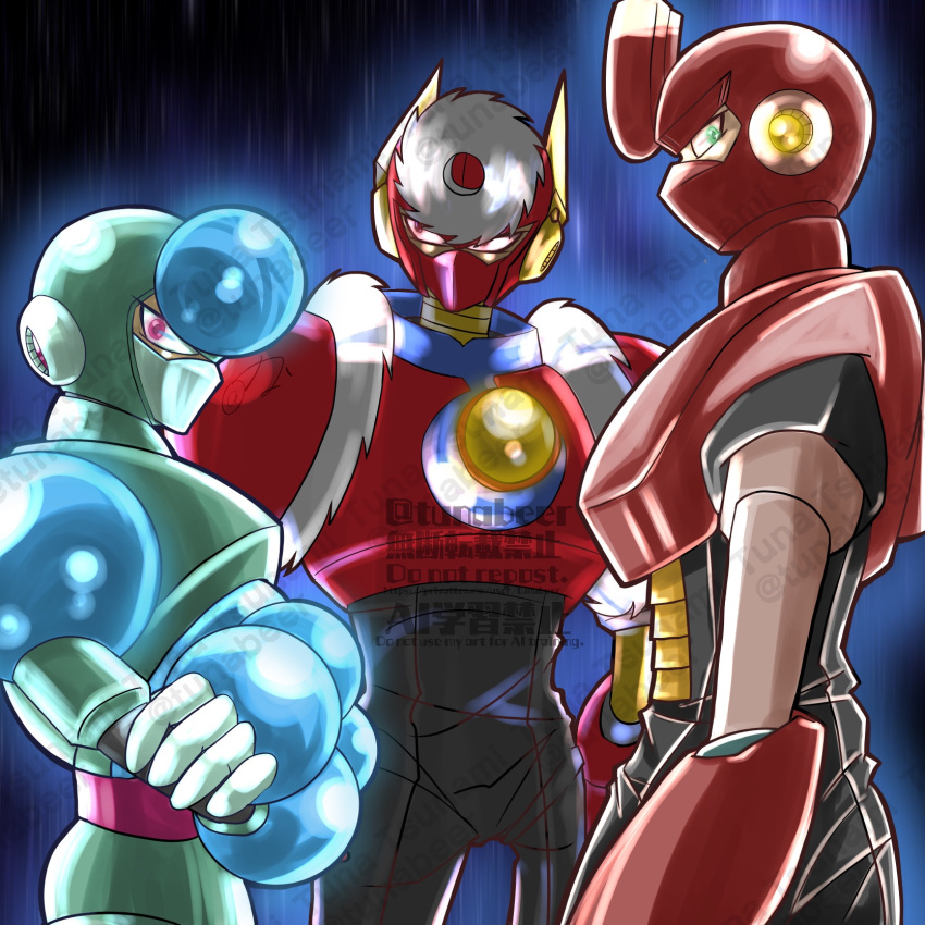 3boys, armor, character_name, cowboy_shot, crystal_man, green_eyes, group_picture, helmet
