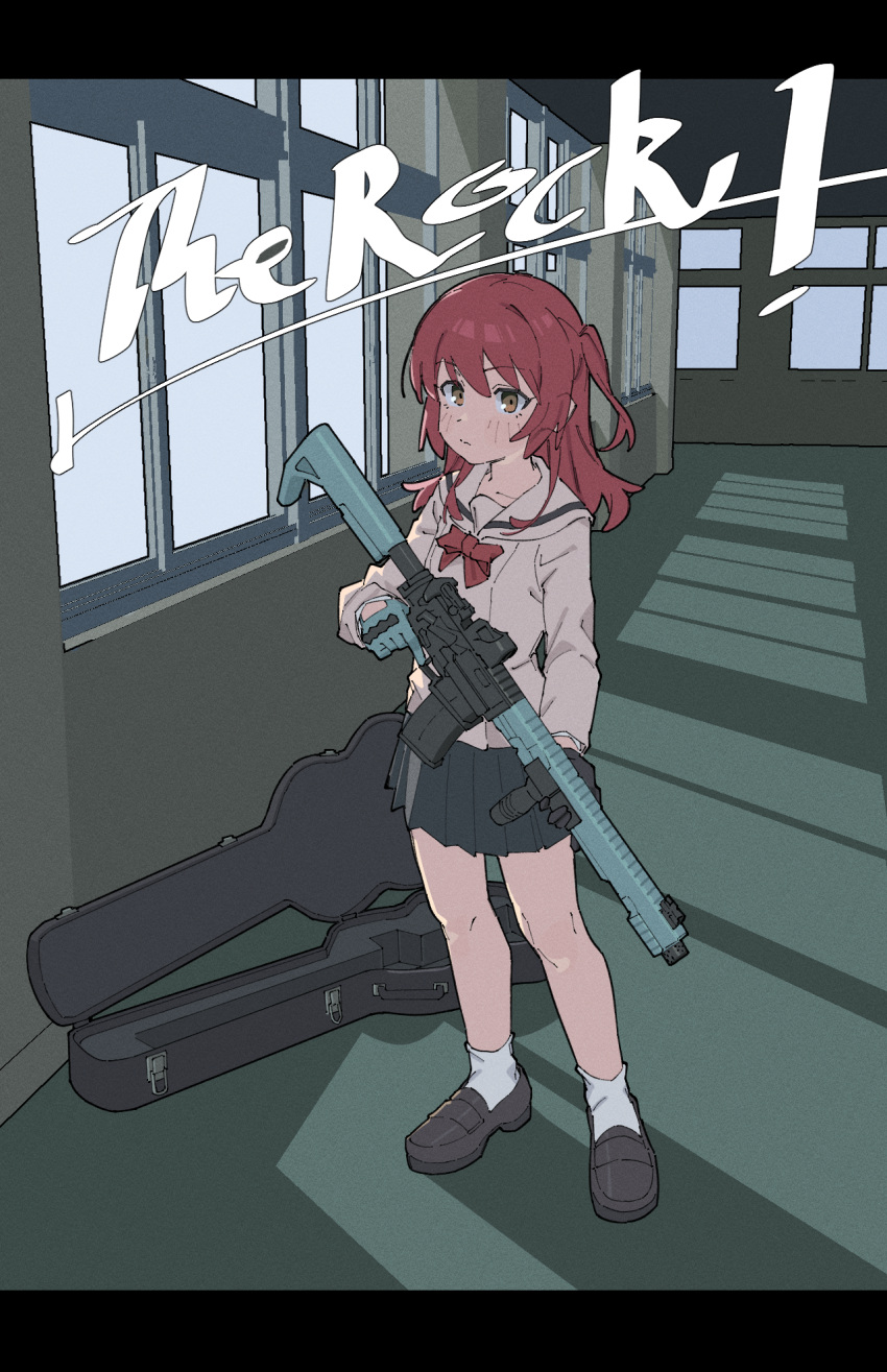1girl, ar-15, bocchi_the_rock!, brown_eyes, eflo_(794753336), expressionless, full_body, guitar_case, gun, hallway, highres, holding, holding_gun, holding_weapon, indoors, instrument_case, kita_ikuyo, long_hair, looking_at_viewer, red_hair, rifle, school_uniform, shuka_high_school_uniform, solo, weapon