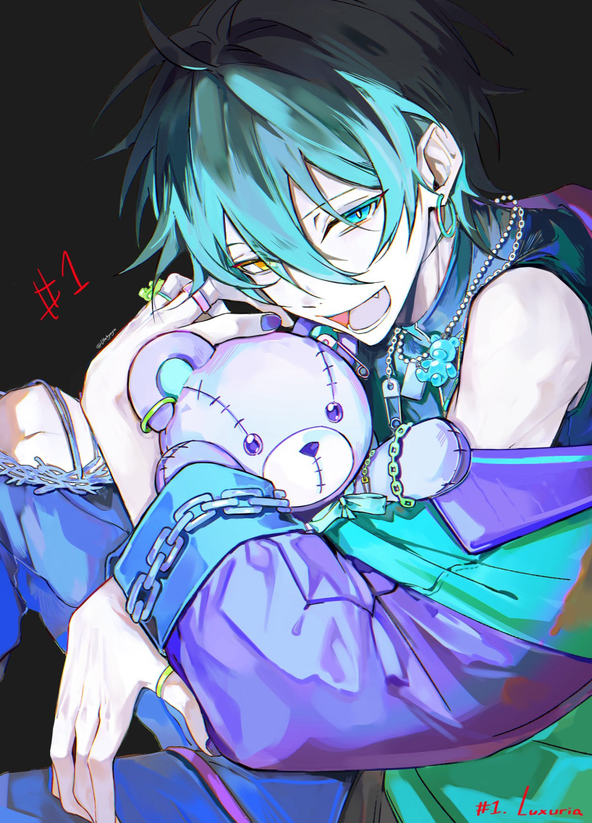 1boy, beads, black_background, chain, chain_bracelet, commentary, earrings, ensemble_stars!