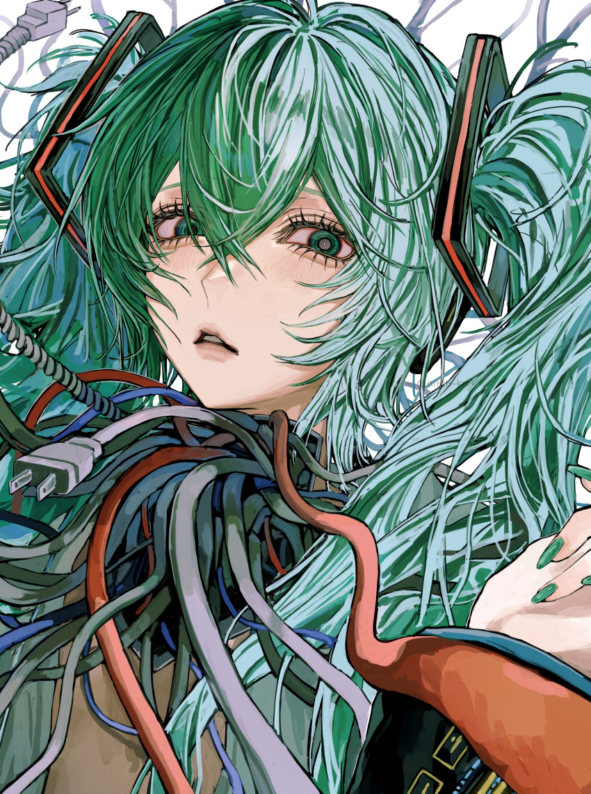 1girl, absurdres, airen_kori, android, aqua_eyes, aqua_hair, aqua_nails, black_sleeves