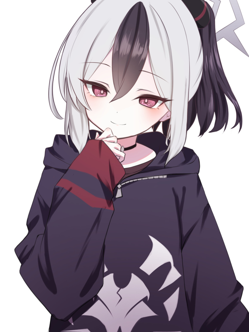 1girl, arm_up, black_choker, black_hoodie, black_horns, black_shirt, blue_archive, choker