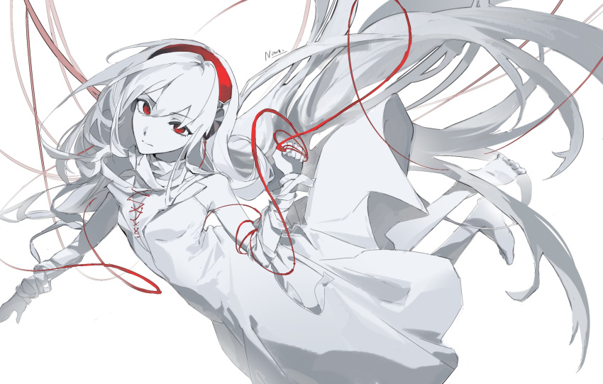 1girl, barefoot, cable, colored_skin, doro_c, dress, full_body, hardcore_syndrome, hardcore_tano_c, headphones, highres, j-core, long_hair, looking_at_viewer, nannnnan, red_eyes, simple_background, solo, very_long_hair, white_background, white_dress, white_hair, white_skin