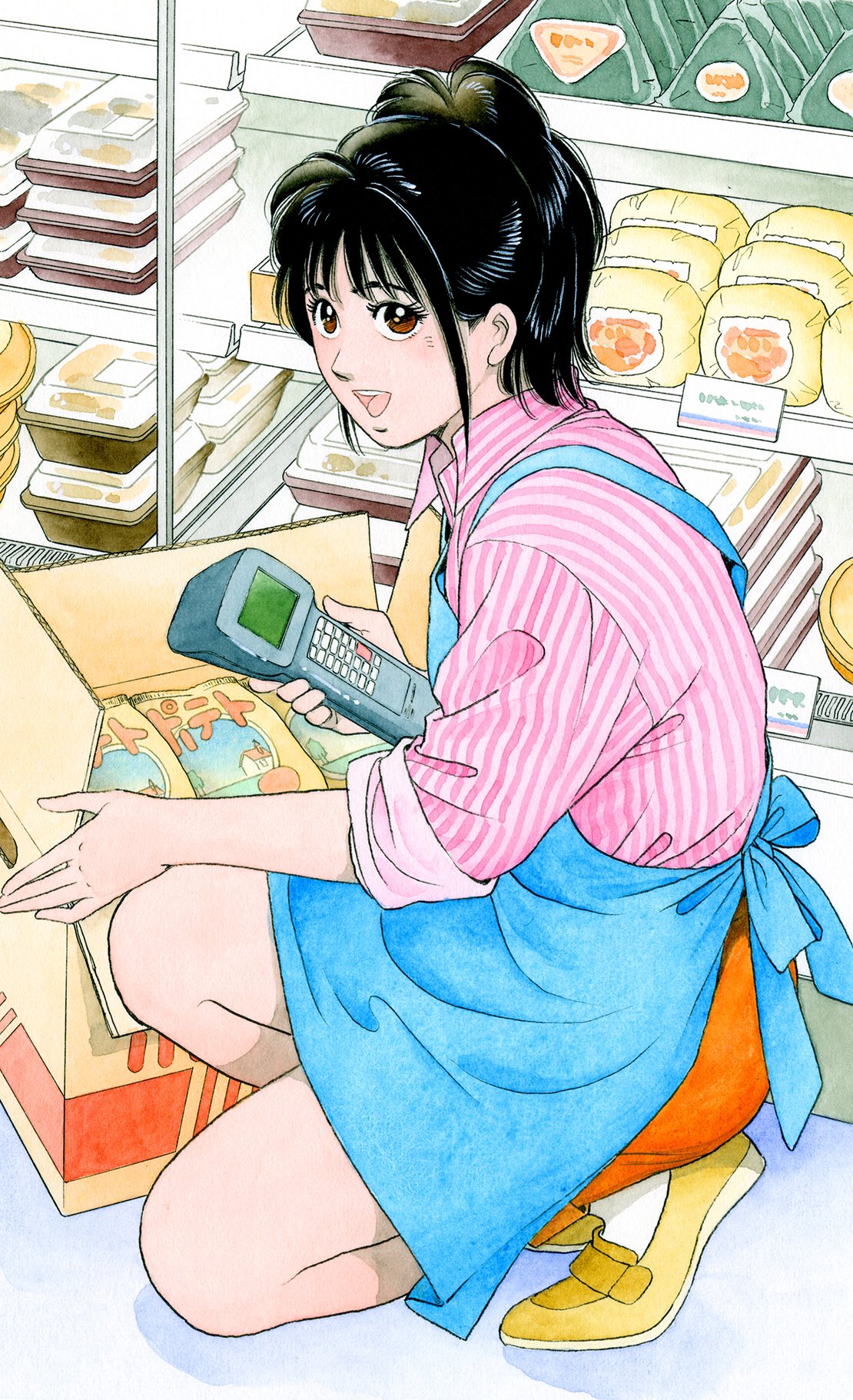 1girl, apron, bag_of_chips, barcode_scanner, black_hair, blue_apron, box, brown_eyes