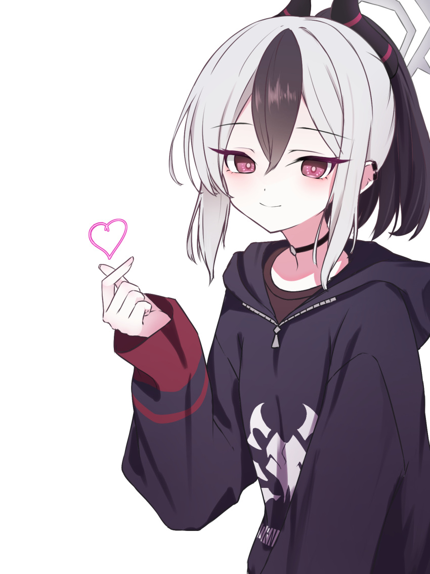 1girl, arm_up, black_choker, black_hair, black_hoodie, black_horns, black_shirt, blue_archive, choker, closed_mouth, curled_fingers, demon_horns, double-parted_bangs, ear_piercing, earclip, grey_halo, hair_between_eyes, halo, heart, highres, hncstk, hood, hood_down, hoodie, horns, kayoko_(blue_archive), long_eyebrows, looking_at_viewer, medium_hair, multicolored_hair, piercing, pink_pupils, ponytail, problem_solver68(blue_archive), raised_eyebrows, red_eyes, shirt, sidelocks, simple_background, smile, solo, standing, two-tone_hair, white_background, white_hair, zipper