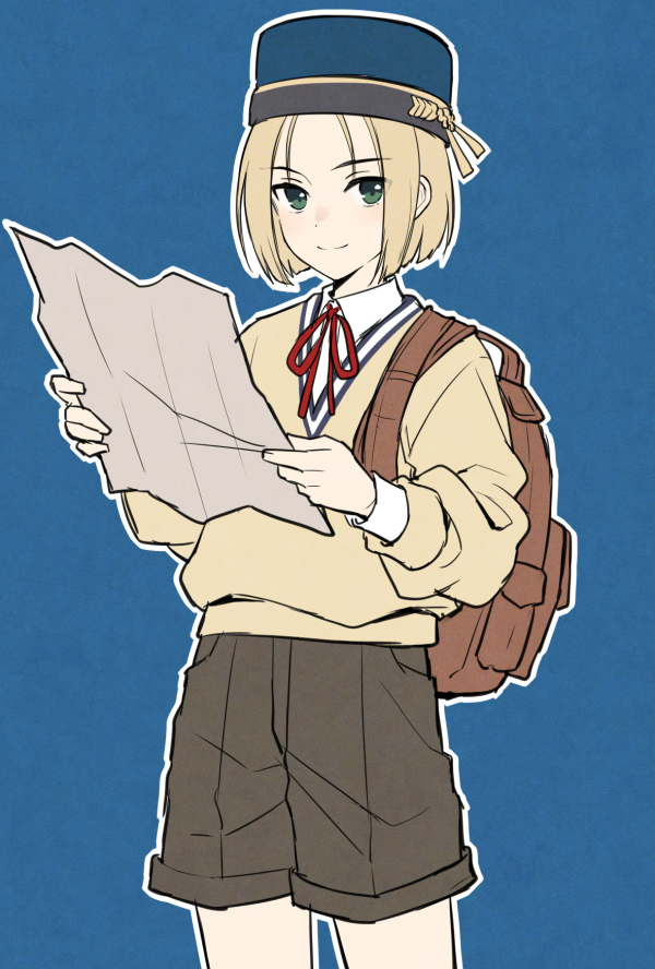 1boy, backpack, bag, black_shorts, blonde_hair, blue_background, blue_hat, brown_sweater