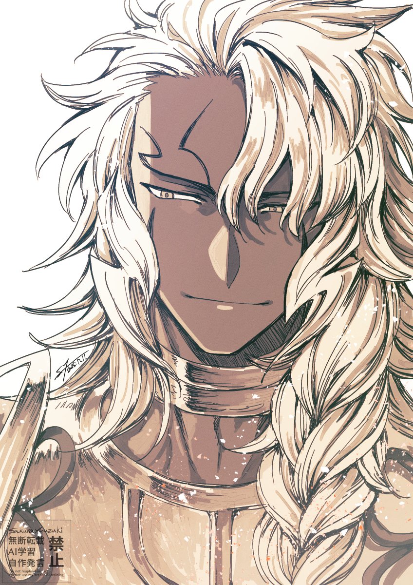 1boy, artist_name, braid, commentary, dark-skinned_male, dark_skin, facial_mark, fate/grand_order