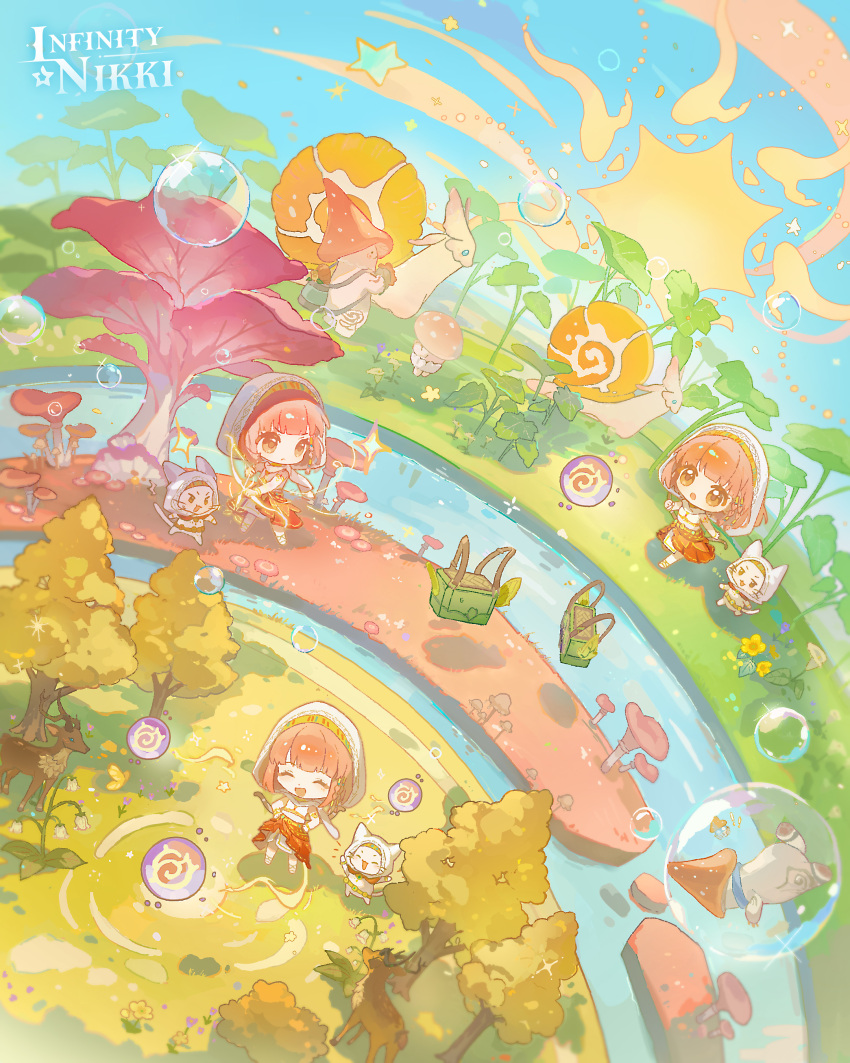 1girl, ^_^, absurdres, animal, armlet, arrow_(projectile), artist_request, beads, belt, bikini, blue_sky, bow_(weapon), bracelet, braid, brown_eyes, brown_sandals, bubble, cat, chibi, cloak, closed_eyes, clothed_animal, commentary, copyright_logo, crop_top, deer, determined, dew_of_inspiration_(infinity_nikki), drawing_bow, ear_covers, english_commentary, esseling_(infinity_nikki), eyelashes, gold_armlet, gold_bikini, gold_bracelet, hair_beads, hair_ornament, hand_on_own_hip, happy, highres, holding, holding_arrow, holding_bow_(weapon), holding_weapon, hood, hood_up, hooded_cloak, infinity_nikki, jewelry, layered_skirt, light_particles, lily_pad, logo, long_skirt, looking_at_creature, medium_hair, midriff, momo_(nikki), multiple_views, mushroom, nikki_(nikki), nikki_(series), official_alternate_costume, official_art, oversized_animal, oversized_plant, pink_hair, purifying_wind_(infinity_nikki), red_skirt, river, sandals, second-party_source, shadow, shirt, shroomling_(infinity_nikki), side_braid, single_braid, skirt, sky, sleeveless, sleeveless_shirt, smoke, snail, star_(symbol), swimsuit, tareme, weapon, whiskers, white_cat, white_cloak, white_shirt, white_skirt