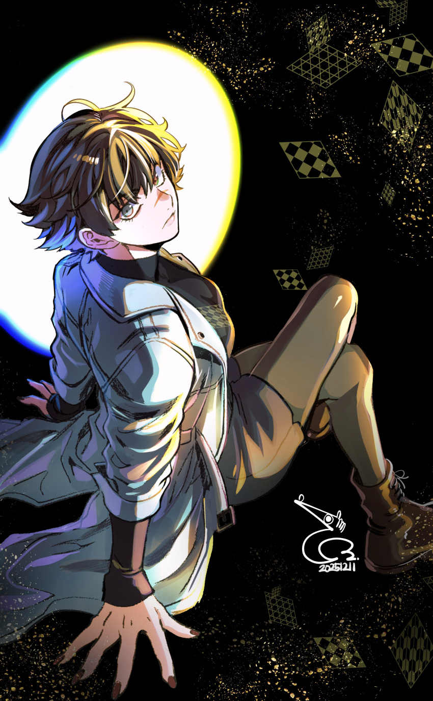 1girl, absurdres, baehee5502, black_hair, black_nails, dated, devil_may_cry_(series), green_eyes