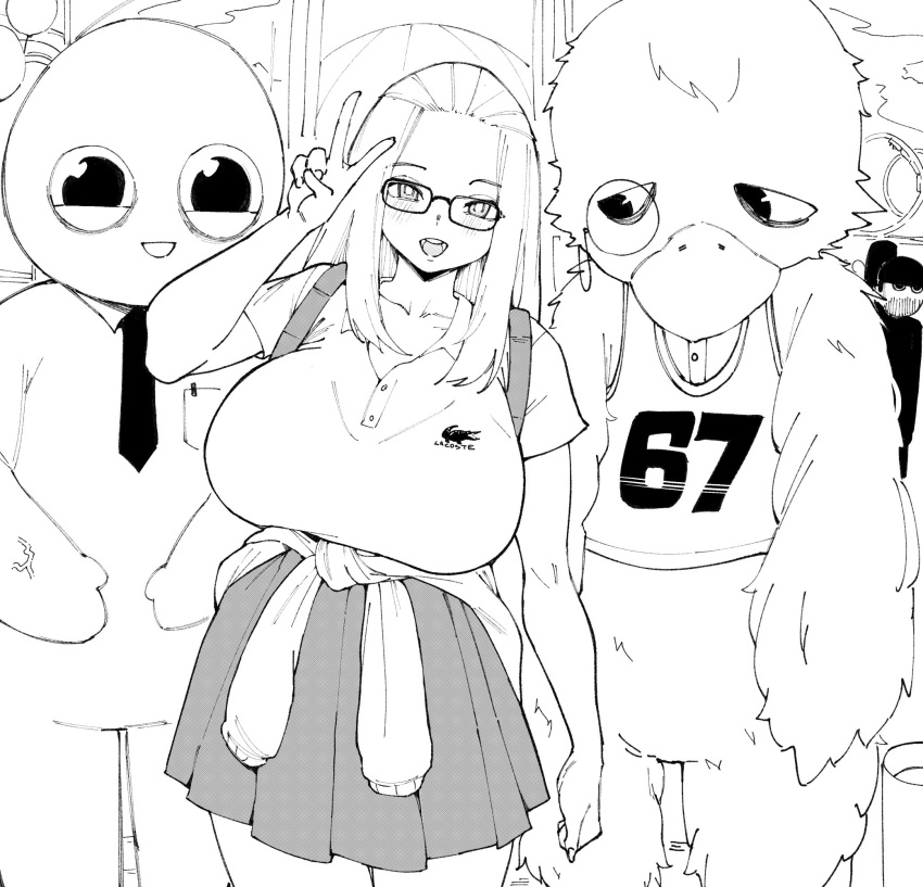 1girl, 2others, 67_(meme), bangs_pinned_back, blush, bralines, breasts, buttons, clothes_around_waist, collared_shirt, commentary, english_commentary, glasses, greyscale, hands_up, highres, huge_breasts, inne_sulistya_robin, lacoste, long_hair, mascot, mascot_costume, meme, monochrome, multiple_others, norman_maggot, open_mouth, original, pleated_skirt, shirt, short_sleeves, skirt, standing, staring, sweater, sweater_around_waist, teeth, v